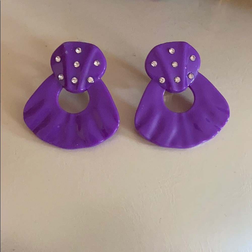 Purple Rhinestone Retro Style Clip On Earrings